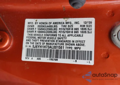 2010 Honda Element Ex z USA, uszkodzony, nr VIN 5J6YH1H73AL001561